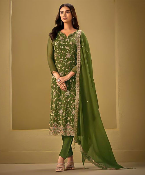 Green Organza Party Wear Salwar Kameez in delhi