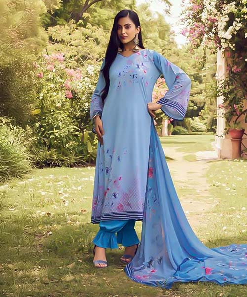 Blue French Crape Casual Wear Salwar Kameez in oxford