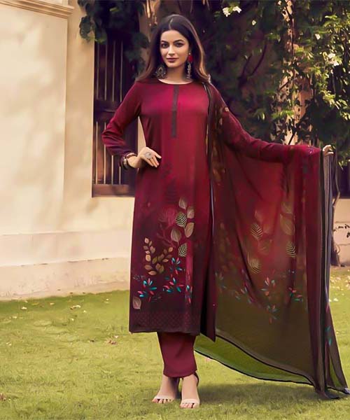 Red  French Crape Casual Wear Salwar Kameez
