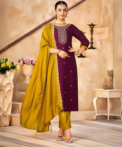 Brown  Vichitra Silk Casual Wear Salwar Kameez