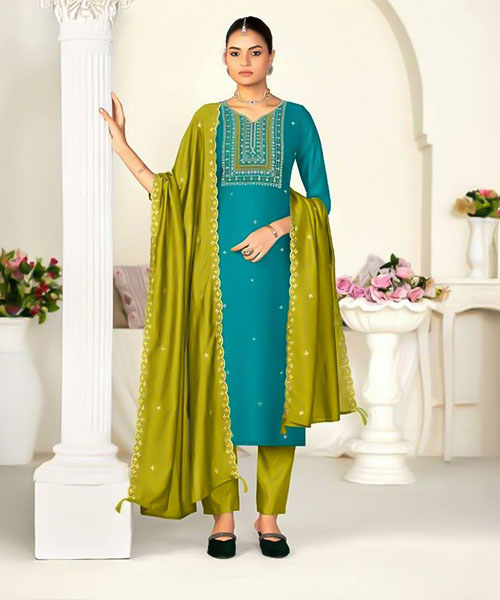 Cyan  Vichitra Silk Casual Wear Salwar Kameez