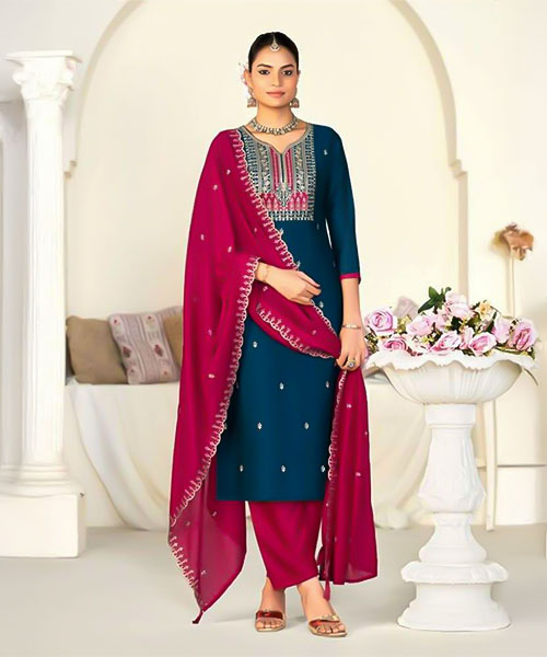 Blue Vichitra Silk Casual Wear Salwar Kameez in poole