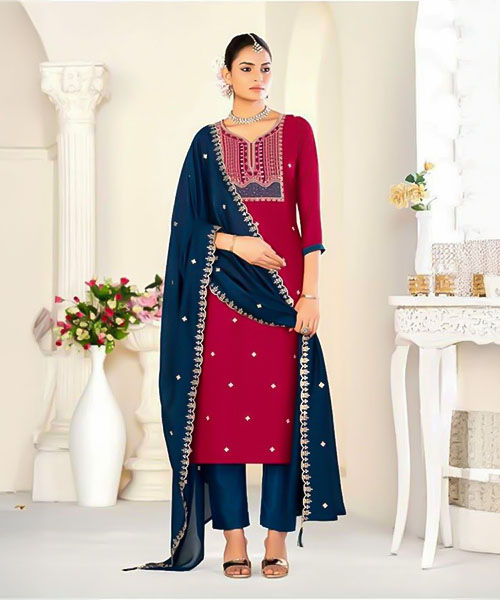 Red  Vichitra Silk Casual Wear Salwar Kameez