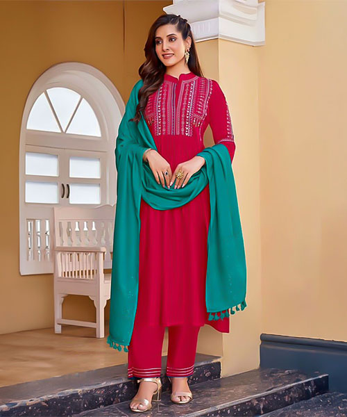 Red Rayon Weaving Casual Wear Salwar Kameez in peterborough