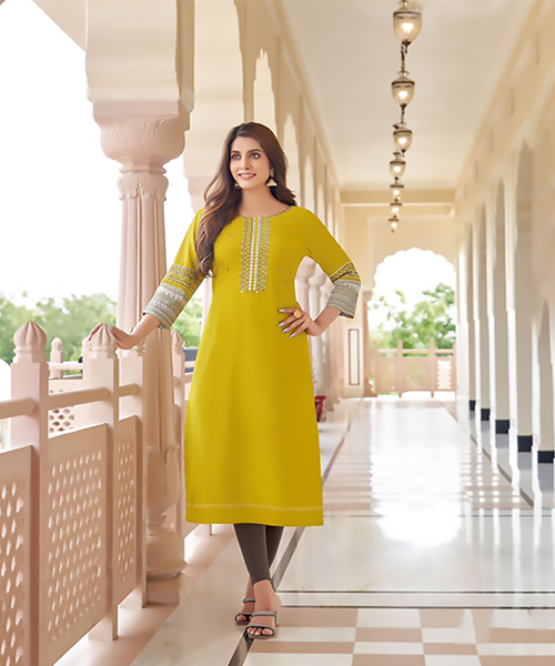 Yellow Rayon  Printed Kurtis