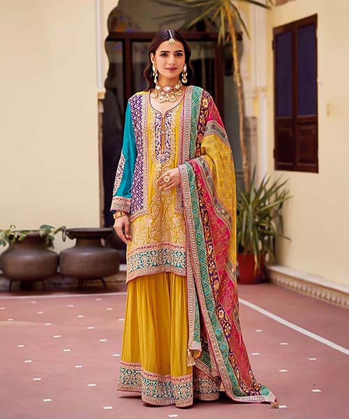 Yellow  Chinon  Designer Salwar Kameez