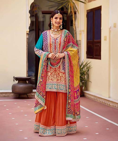 Orange Chinon  Designer Salwar Kameez