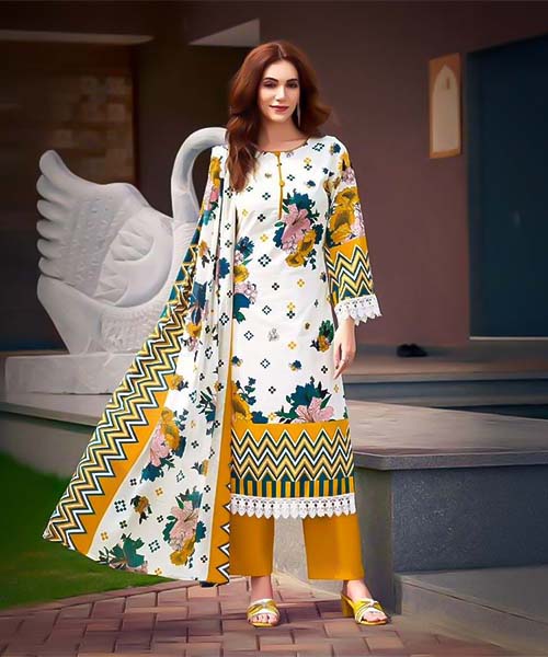 White  Cotton Printed Salwar Kameez