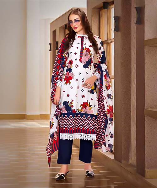 White  Cotton Printed Salwar Kameez