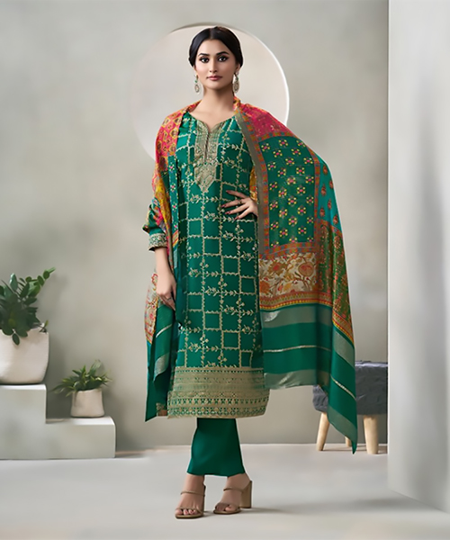 Green Jacquard Partywear Suit