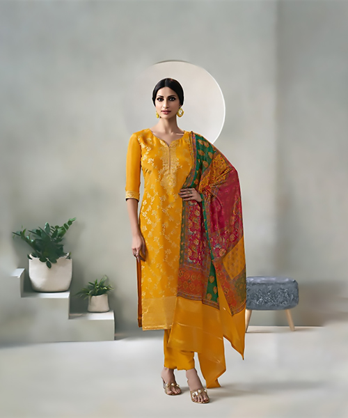 Yellow Jacquard Partywear Suit