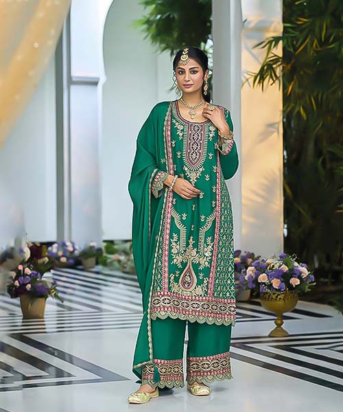 Green Chinon Designer Salwar Kameez