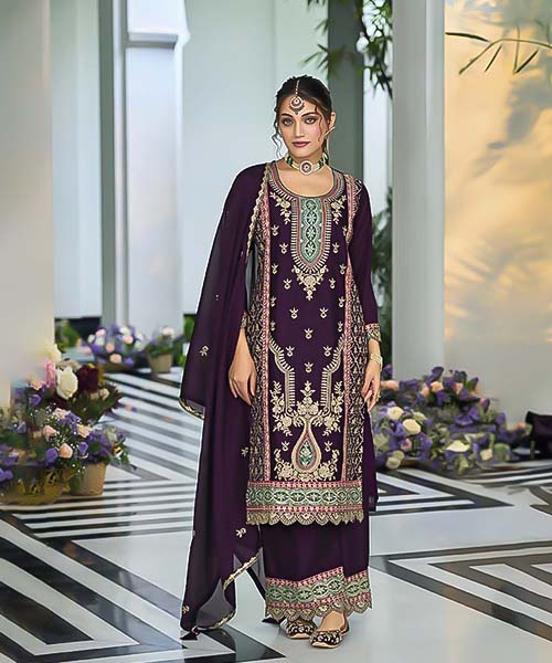 Brown Chinon Designer Salwar Kameez