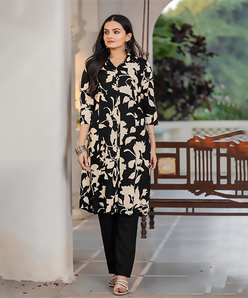 Black & white Rayon  Printed Kurtis