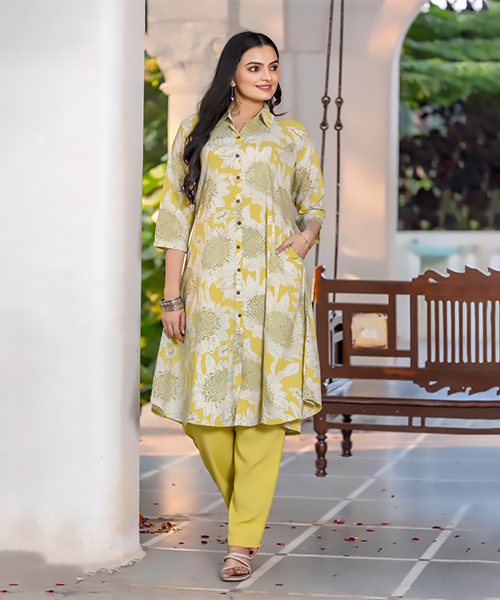 Yellow& white Rayon  Printed Kurtis