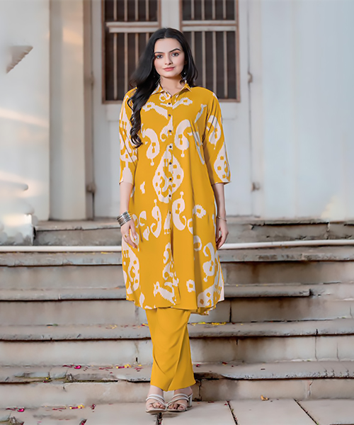 Yellow & white Rayon  Printed Kurtis