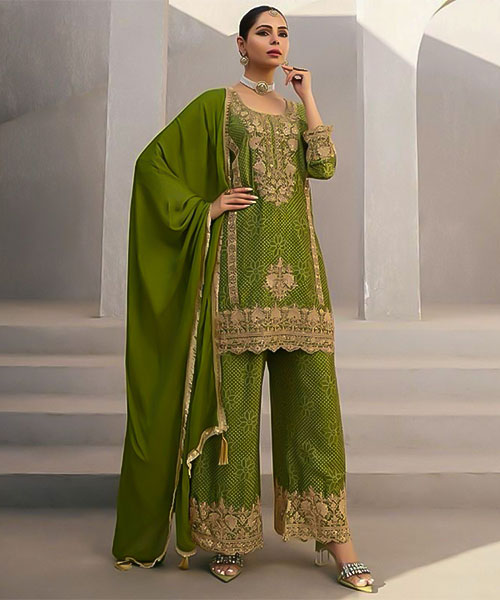 Green  Chinon Silk Party Wear Salwar Kameez