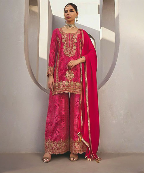 Red Chinon Silk Party Wear Salwar Kameez