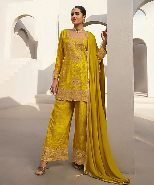 Yellow Chinon Silk Party Wear Salwar Kameez