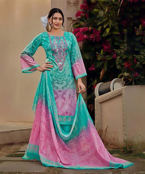 Cyan Cotton Casual Wear Salwar Kameez